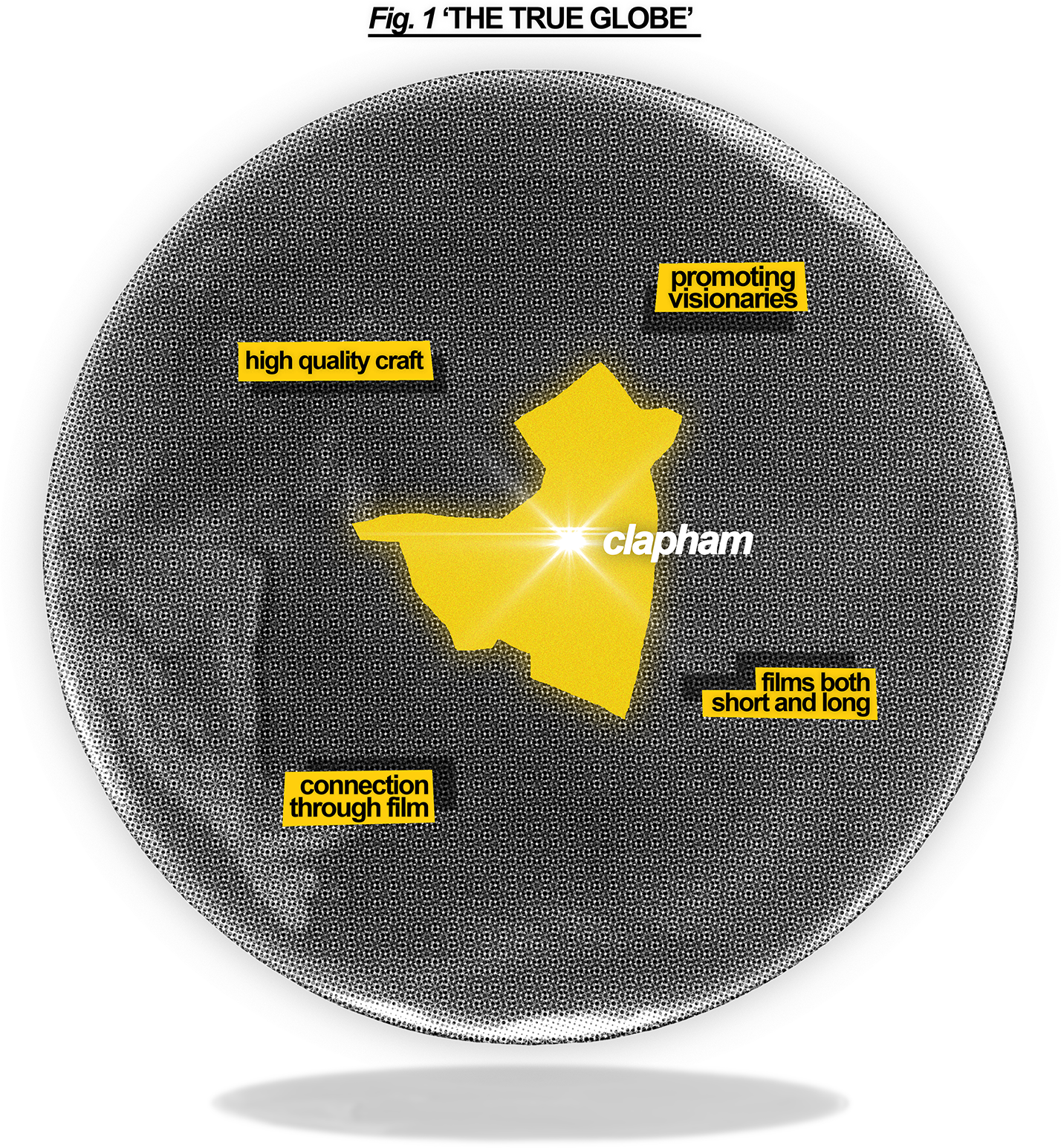 wireframe globe with yellow outline of Clapham and and text saying high quality craft, promoting visionaries, films both short and long, connection through film